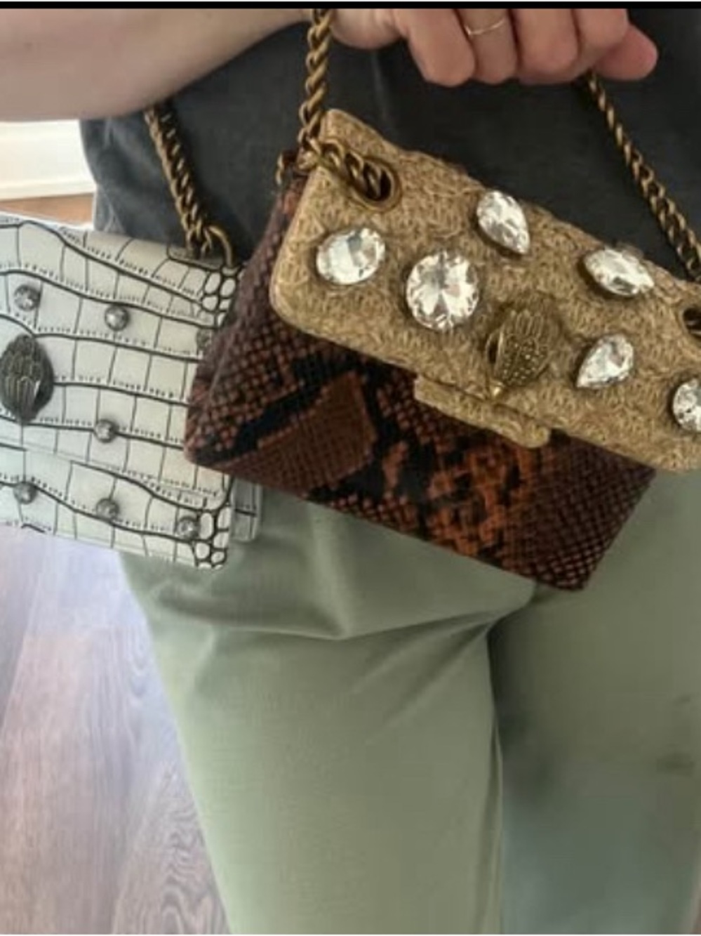 Kurt Geiger Brown Snake-Print Mini Bag with Gold Jeweled Flap